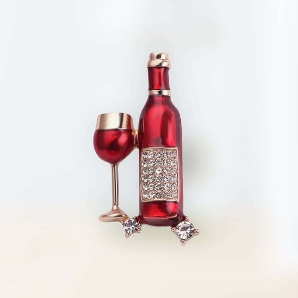 Sparkling rhinestone wine bottle and wine, glass metal brooch. Gold and red. - Picture 1 of 5